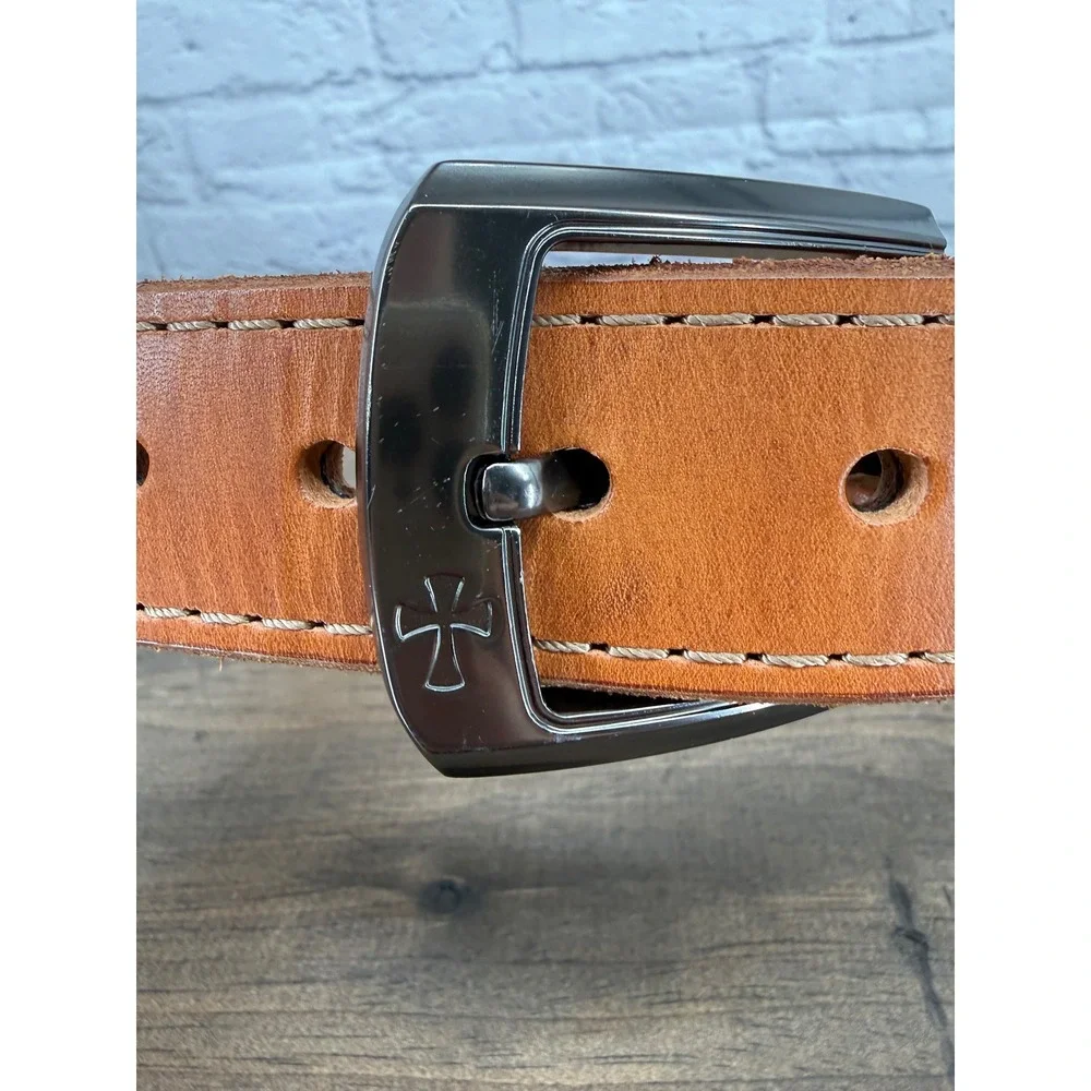 Leather Belt Brown Gunmetal Cross Buckle Casual Western Handmade Style 1.5